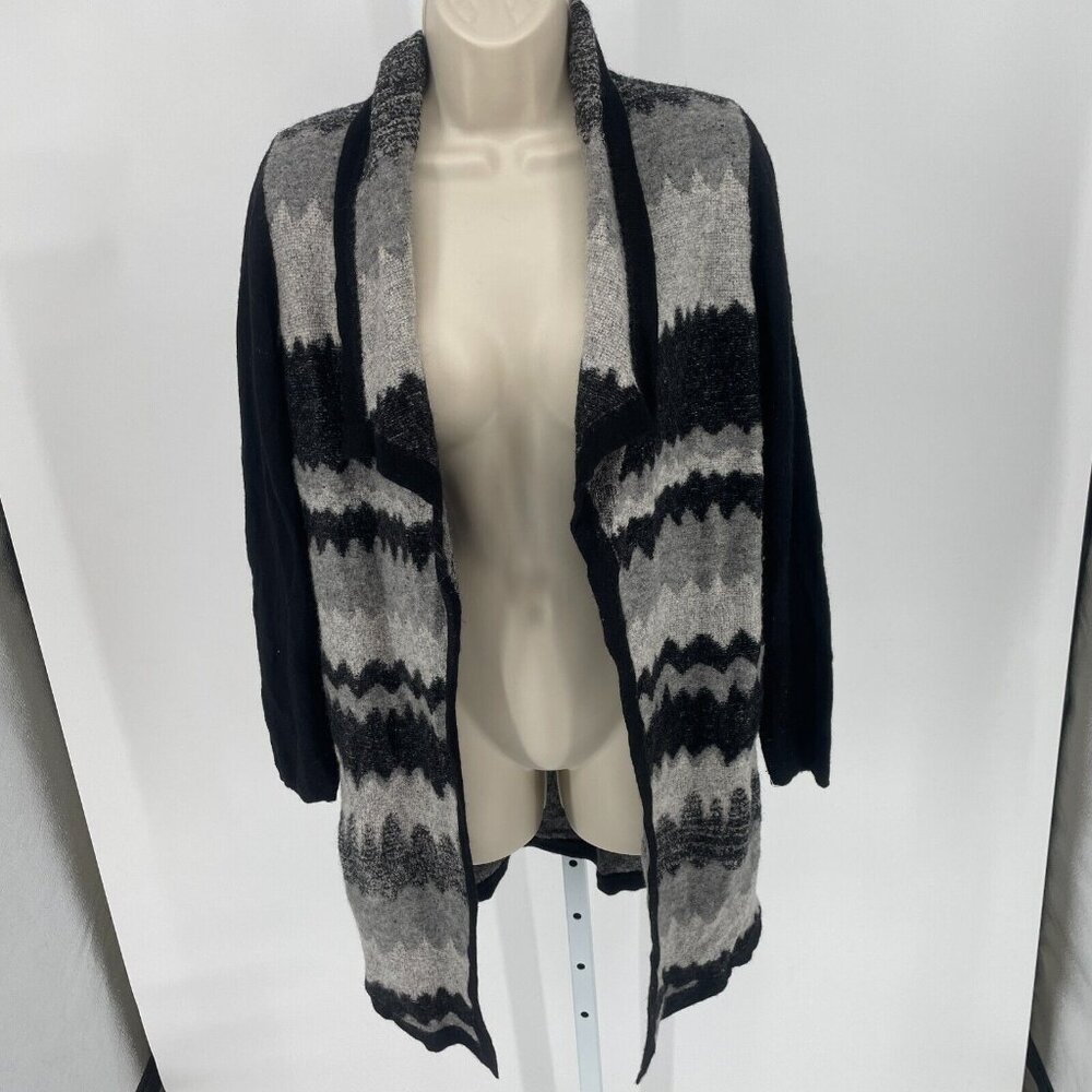 Laura Ashley Womens Long Open Cardigan Sz Medium Wool Gray Black Aztec